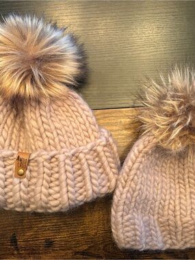 Matching mom and me Wild Child Knit Beanies with Faux Fur Pompoms